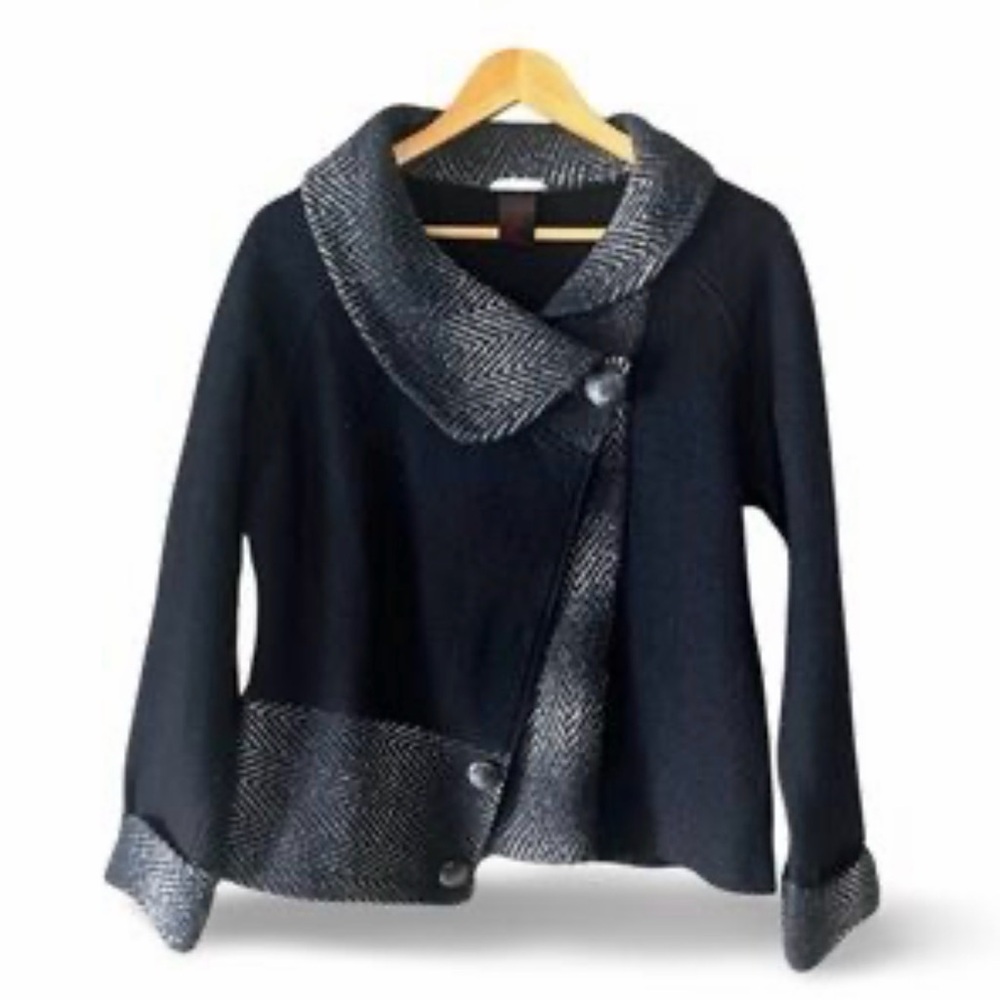 Alison Sheri Asymmetrical Black Grey Herringbone Accent Boiled Wool Sweater Sz L